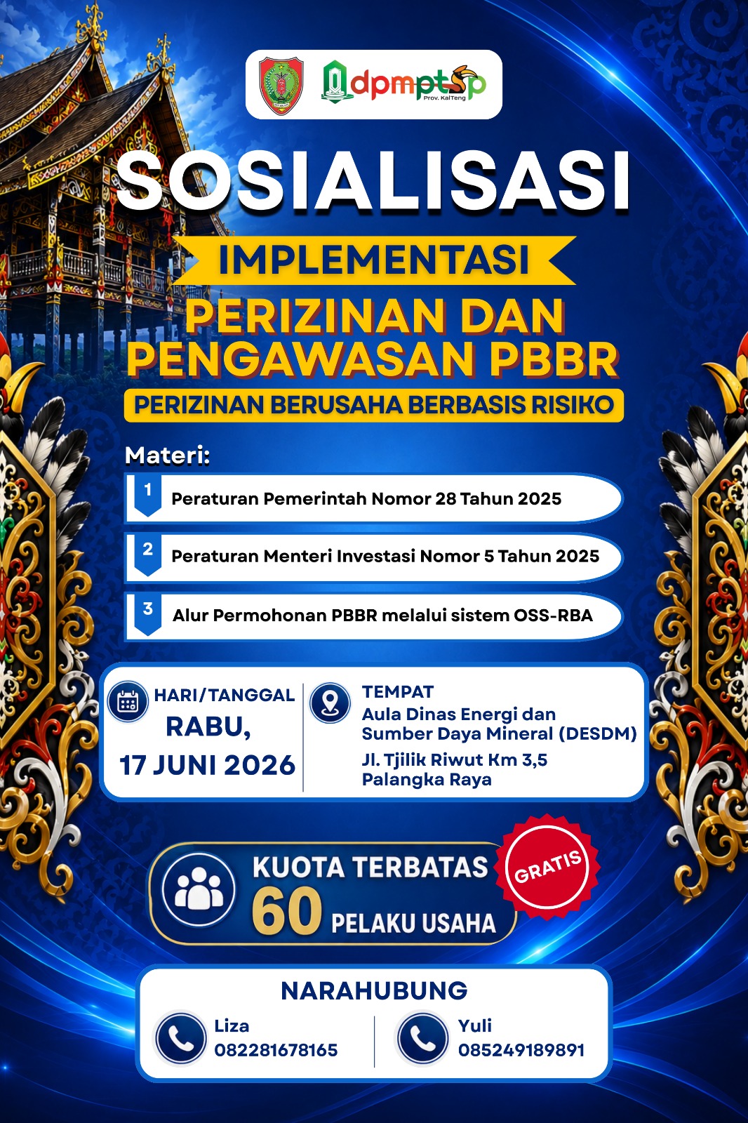 DPMPTSP Provinsi Kalimantan Tengah Gelar Sosialisasi dan Bimbingan Teknis Implementasi Perizinan dan Pengawasan PBBR